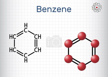 Benceno, molécula de bencol C6H6. Fórmula química estructural y modelo molecular. Hoja de papel en una jaula. Ilustración vectorial