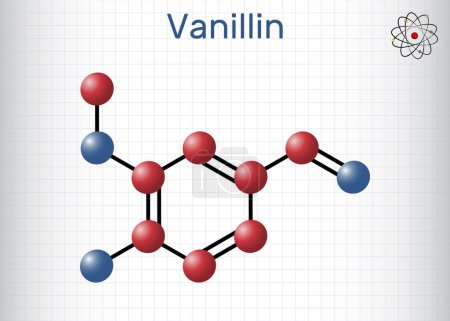 Vanillin molecule. It is flavor compound. Molecule model. Sheet of paper in a cage. Vector illustration