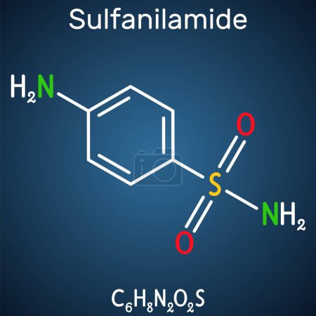 Sulfanilamida, molécula sulfanilamida. Es un medicamento antibacteriano. Fórmula química estructural sobre el fondo azul oscuro. Ilustración vectorial