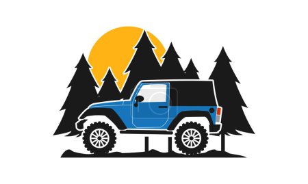 Off road car with spruce and sun vector logo