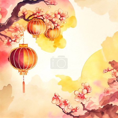 Téléchargez les photos : Chines New Year watercolor backdrop with sakura, lanterns and copy space - en image libre de droit