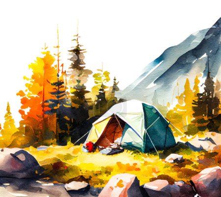 Foto de Caída temprana acampar en las montañas en el día soleado. Ilustración en acuarela - Imagen libre de derechos