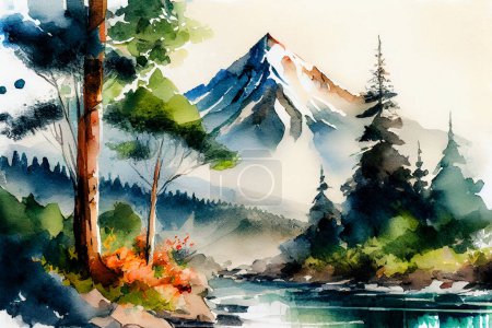 Landscape of mountains and forests. Watercolor illustration
