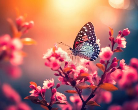 Tło natury z kwiatami i motylem wiosną rano