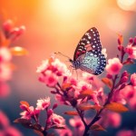Nature background with flowers and butterfly in spring morning
