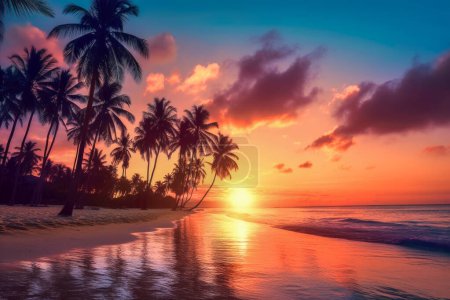 Téléchargez les photos : Silhouettes de palmiers sur la plage tropicale au coucher du soleil - en image libre de droit