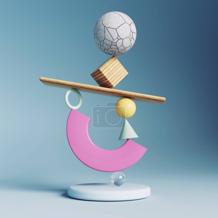 Primitive shapes standing in balance . Solid plan and stability concept . This is a 3d render illustration .v-stock-photo