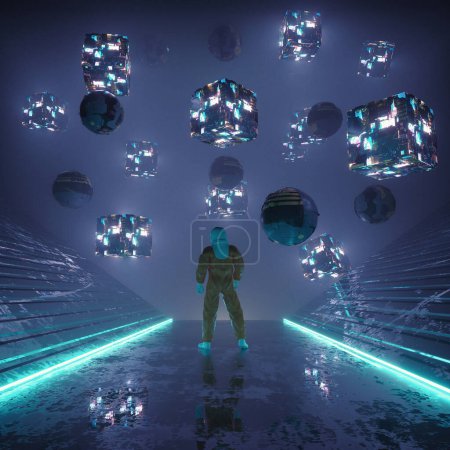 Foto de Cosmonauta de pie en la plataforma mirando estructuras futuristas. Concepto de fantasía y realidad virtual. Esta es una ilustración de renderizado 3d . - Imagen libre de derechos