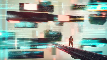 Photo for Cosmonaut in a futuristic dystopian city . Sci fi and virtual reality concept . This is a 3d render illustration . - Royalty Free Image