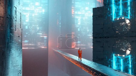 Foto de Astronauta en una ciudad futurista. Ciencia ficción y concepto de fantasía. Esta es una ilustración de renderizado 3d . - Imagen libre de derechos