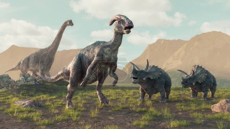 Téléchargez les photos : Groupe de dinosaures dans la nature. Ceci est une illustration de rendu 3d . - en image libre de droit