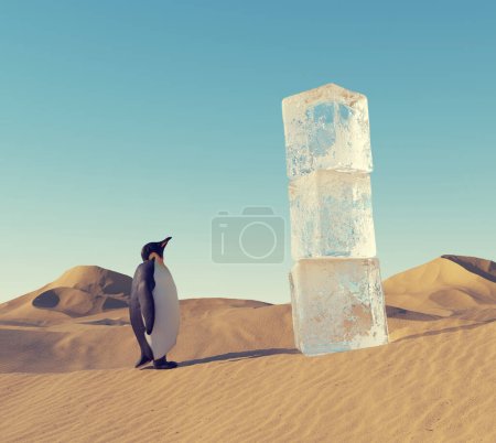 Foto de Pingüino en el desierto mira a los cubos de hielo. Calentamiento global y concepto imposible. Esta es una ilustración de renderizado 3d . - Imagen libre de derechos