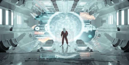 Astronaut standing in front of a screen with data information . Futuristic data analysis . This is a 3d render illustration .