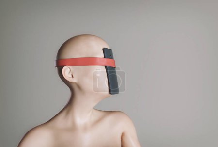Foto de Humano con smartphone atado a la cara. Smartphone y la adicción a los medios sociales. Esta es una ilustración de renderizado 3d . - Imagen libre de derechos