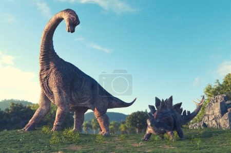 Dinosaurs in the valley . This is a 3d render illustration .
