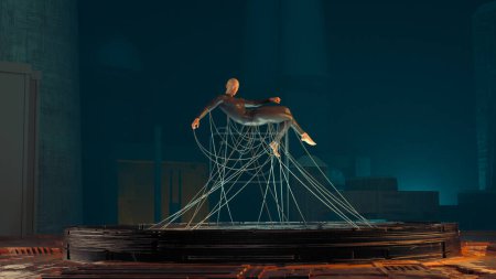 Téléchargez les photos : Human levitating supported by wires . Artificial intelligence and future innovation concept . This is a 3d render illustration . - en image libre de droit