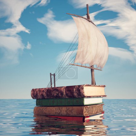 Téléchargez les photos : Boat made of books looks through binoculars in the ocean . Scholarship and education concept . This is a 3d render illustration . - en image libre de droit