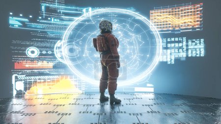 Astronaut standing in front of a screen with data information . Futuristic data analysis . This is a 3d render illustration . 