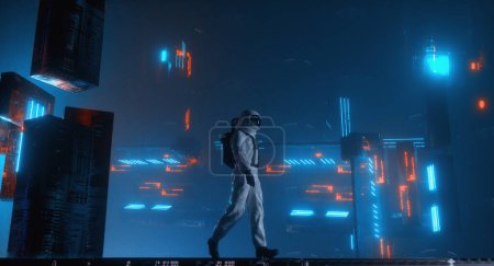 Foto de Astronaut walks in a futuristic city with neon lights . Future technology and meta concept . This is a 3d render illustration. - Imagen libre de derechos
