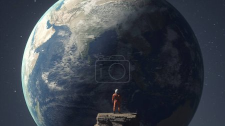 Foto de Astronaut standing in front of earth in space . This is a 3d render illustration . - Imagen libre de derechos