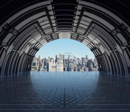 Photo for Futuristic tunnel to a city . This is a 3d render illustration . - Royalty Free Image