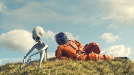 Foto de Cosmonaut laying on grass with an alien . Friendship and diversity concept . This is a 3d render illustration . - Imagen libre de derechos