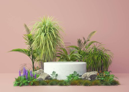 Téléchargez les photos : Podium scene with plants and flowers on studio background . This is a 3d render illustration. - en image libre de droit
