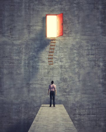 Photo for Man looks up to an opened door and a ladder . Opportunity and future concept . This is a 3d render illustration. - Royalty Free Image