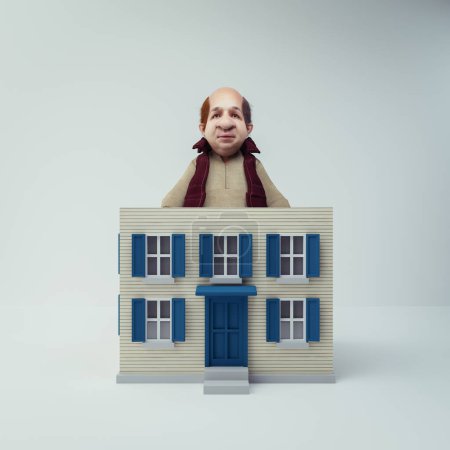 Téléchargez les photos : Men inside a small house . Dream house and real estate concept . This is a 3d render illustration. - en image libre de droit