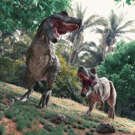 Foto de T rex lucha en la selva. Esta es una ilustración de renderizado 3d. - Imagen libre de derechos