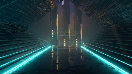 Foto de Futurista túnel oscuro con luces de neón. Inteligencia artificial y concepto futurista. Esta es una ilustración de renderizado 3d . - Imagen libre de derechos