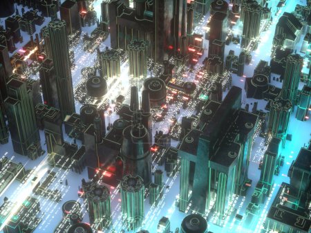 Top view of a city with data screens . Artificial intelligence and coding concept .  This is a 3d render illustration .