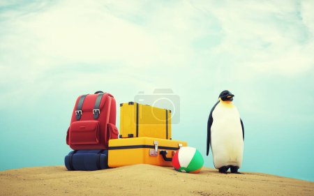 Téléchargez les photos : Pingouin avec beaucoup de bagages à la plage. Concept de voyage et vacances. Ceci est une illustration de rendu 3d . - en image libre de droit