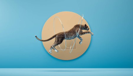 Photo for Abstract cheetah jumping on studio background . Joyful and unique concept . This is a 3d render illustration . - Royalty Free Image