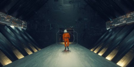 Photo for Astronaut walks in a futuristic dark room . This is a 3d render illustration . - Royalty Free Image