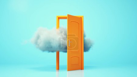 Foto de Puerta abierta y una nube. Sueño y futuro concepto de oportunidad. Esta es una ilustración de renderizado 3d. - Imagen libre de derechos