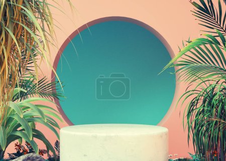 Téléchargez les photos : Podium scene with plants and flowers on studio background . This is a 3d render illustration - en image libre de droit