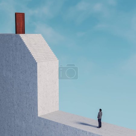 Foto de Man looks up at a door on top of a stairs . Overcome obstacles and risk taking concept . This is a 3d render illustration . - Imagen libre de derechos