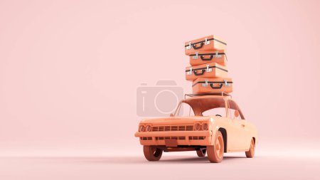 Téléchargez les photos : Petite voiture rétro avec bagages et bagages sur le toit. Concept prêt pour les vacances. Ceci est une illustration de rendu 3d. - en image libre de droit