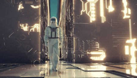 Astronaut in einem futuristischen Gebäude. Künstliche Intelligenz und Virtual Reality Konzept. Dies ist eine 3D-Darstellung.