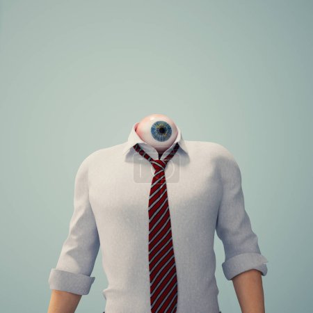 Foto de Un hombre de negocios sin cabeza con un ojo en vez de cabeza. Concepto de visión y mentalidad. Esta es una ilustración de renderizado 3d. - Imagen libre de derechos