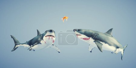 Foto de Dos tiburones miran a un pez dorado. Concepto de confianza. Esta es una ilustración de renderizado 3d. - Imagen libre de derechos