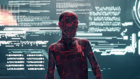 Photo for Futuristic robot in front of data screen . Meta verse and virtual reality concept . This is a 3d render illustration . - Royalty Free Image