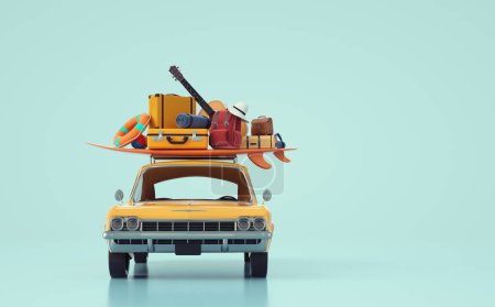 Photo for Small retro car with baggage and luggage on the roof. Ready for vacation concept . This is a 3d render illustration. - Royalty Free Image