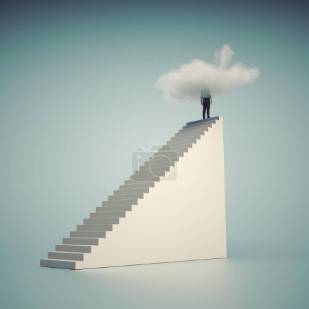 Téléchargez les photos : Homme en haut des escaliers avec un nuage. Rêve grand et concept de développement personnel. Ceci est une illustration de rendu 3d. - en image libre de droit