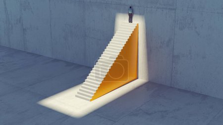 Photo for Man on top of stairs in front of a wall . Failure and escape concept . This is a 3d render illustration. - Royalty Free Image