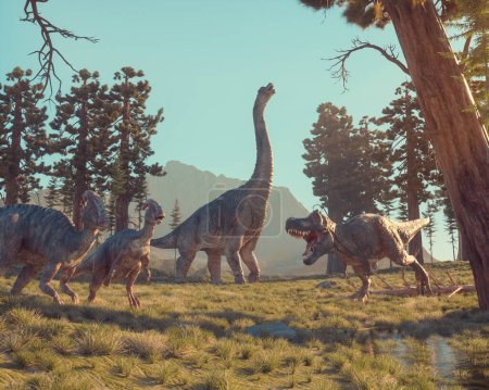 Dinosaurs in the nature at mountains . This is a 3d render illustration.