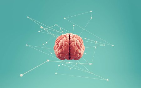 Cerveau humain avec des points et des lignes autour. Brainstorming et concept d'intelligence artificielle. Ceci est une illustration de rendu 3d.