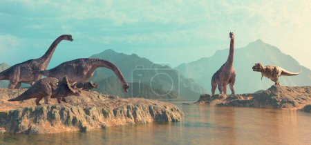 Téléchargez les photos : Dinosaures dans la nature à la montagne. Ceci est une illustration de rendu 3d. - en image libre de droit