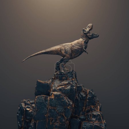 Conceptual T rex stojący na szczycie skały. Koncepcja parku jurajskiego i paleontologii. To jest ilustracja 3D renderowania . 